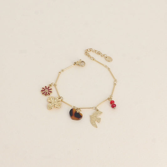 Bracelet - oiseau et fleur, cœur en résine, fleur en émail, pierres naturelles (16+3 cm)