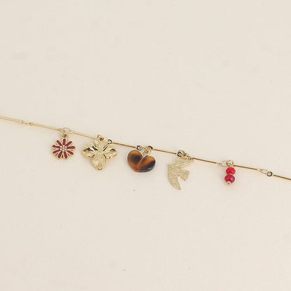 Bracelet - oiseau et fleur, cœur en résine, fleur en émail, pierres naturelles (16+3 cm)