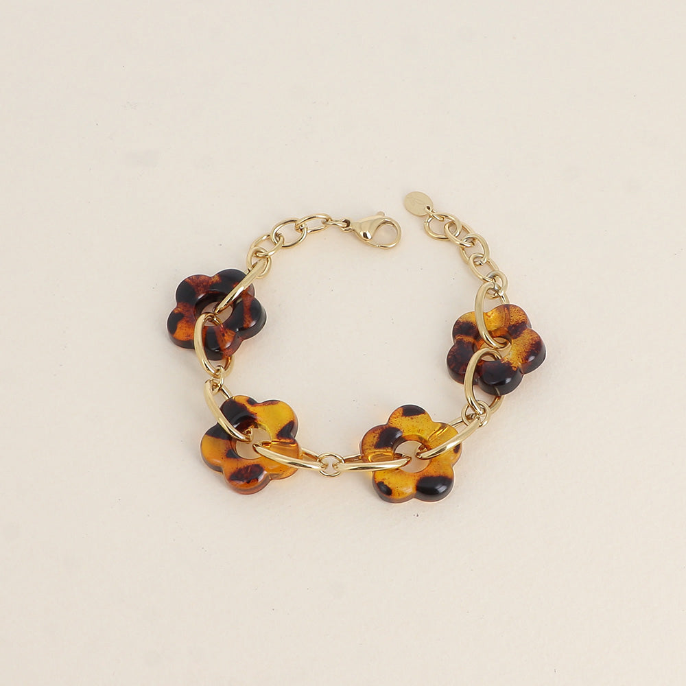 Bracelet - fleurs en résine léopard et maillons ovales (17+3 cm)