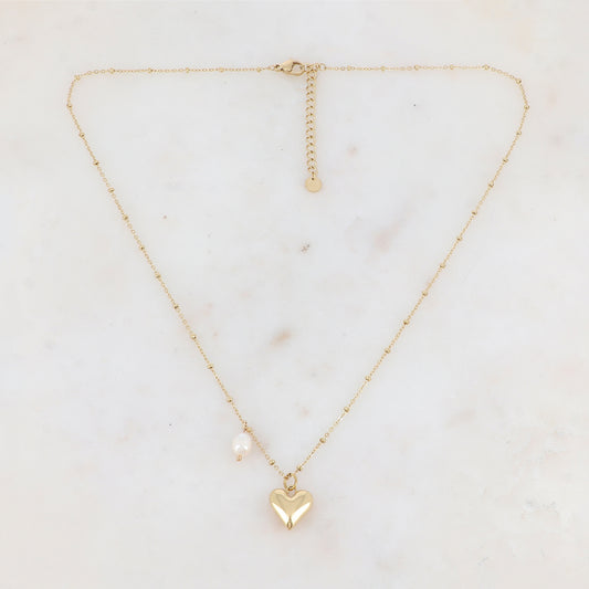 Collier avec cœur et perle d'eau douce 45+5 cm