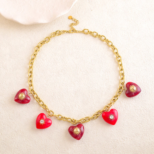 Collier maille avec pendentif cœur en résine, soleil et strass (42+5CM)