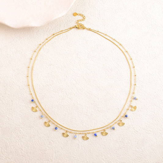 Collier double rangs avec pendentifs feuille de ginkgo et perles en pierre naturelle agate bleue et lapis lazuli 39/42+5 cm