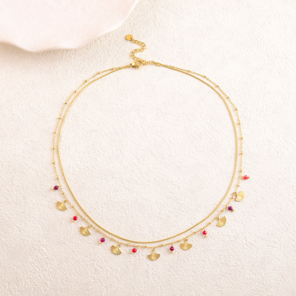 Collier double rangs avec pendentifs feuille de ginkgo et perles en pierre naturelle Agate rouge 39/42+5 cm