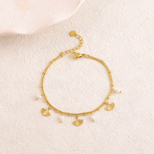 Bracelet double rangs avec pendentifs feuille de ginkgo et perles en pierre naturelle