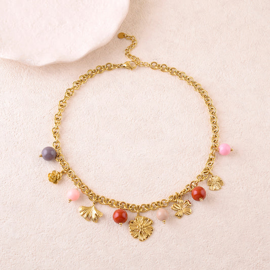 Collier en maille avec pampilles fleurs, feuille de ginkgo et perles en résine (40+5CM)