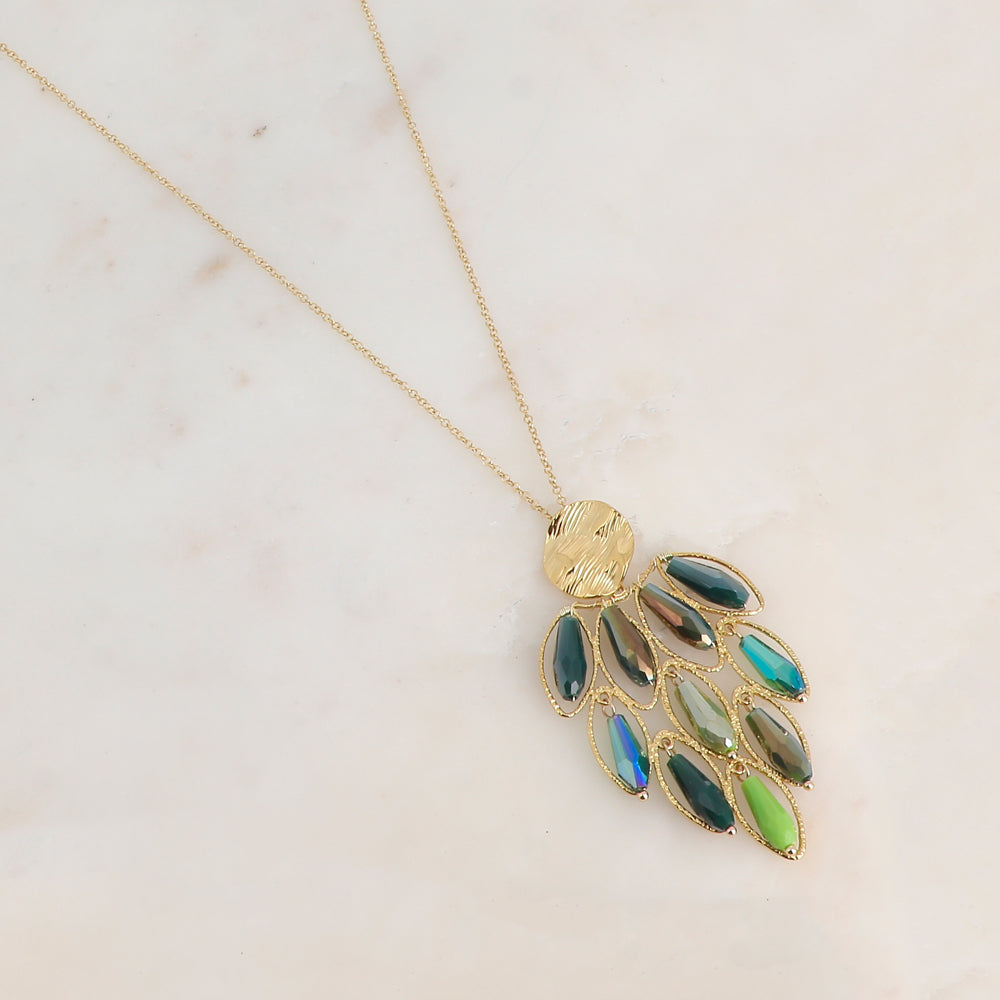 Sautoir avec pendentif orné d'anneaux ovales texturés et de perles en pâtes de verre (61+5CM)