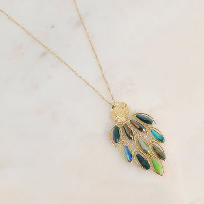 Sautoir avec pendentif orné d'anneaux ovales texturés et de perles en pâtes de verre (61+5CM)