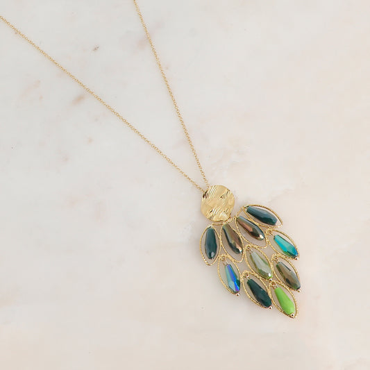 Sautoir avec pendentif orné d'anneaux ovales texturés et de perles en pâtes de verre (61+5CM)