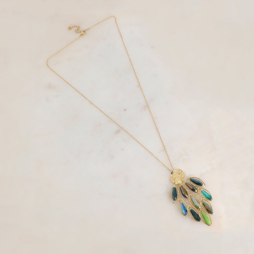 Sautoir avec pendentif orné d'anneaux ovales texturés et de perles en pâtes de verre (61+5CM)