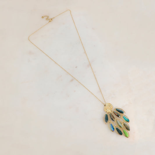 Sautoir avec pendentif orné d'anneaux ovales texturés et de perles en pâtes de verre (61+5CM)