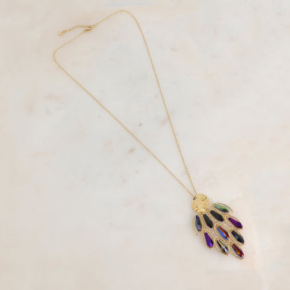 Sautoir avec pendentif orné d'anneaux ovales texturés et de perles en pâtes de verre (61+5CM)