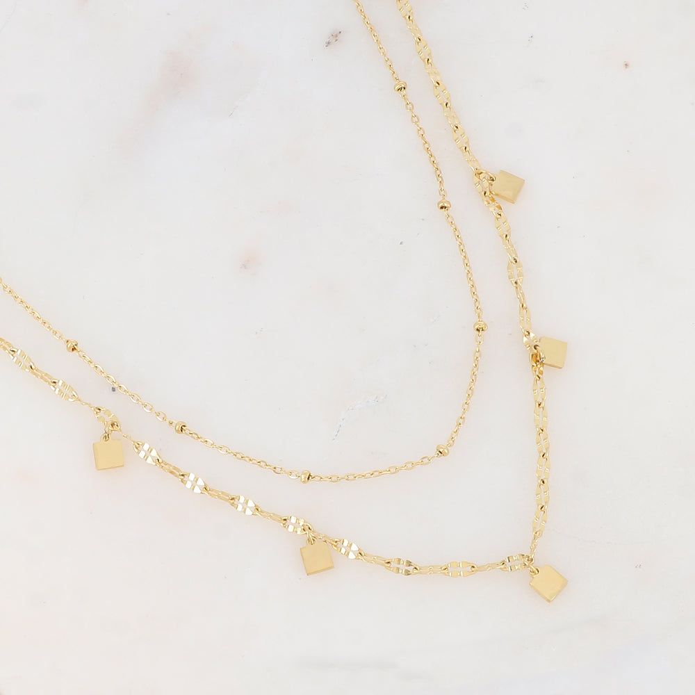 Collier doré double rangs avec pampilles carrées lisses 40/43+5 cm