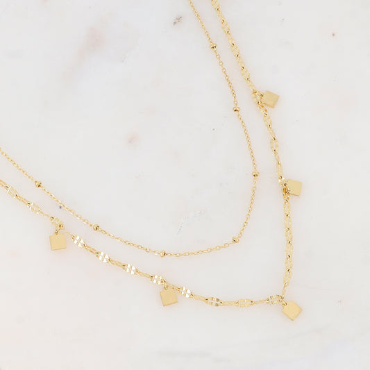 Collier doré double rangs avec pampilles carrées lisses 40/43+5 cm