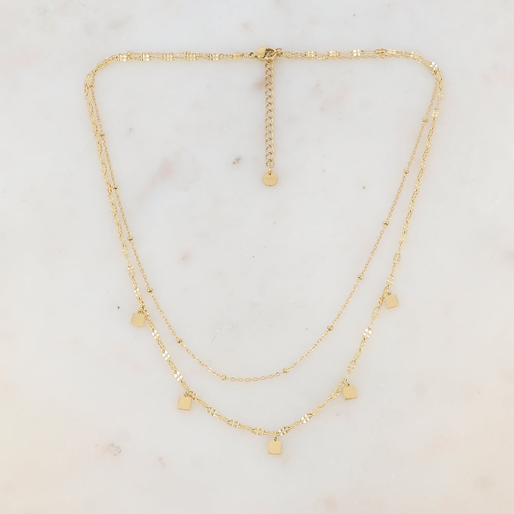 Collier doré double rangs avec pampilles carrées lisses 40/43+5 cm