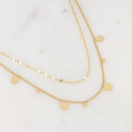 Collier doré double rangs avec pampilles ovales martelées 40/43+5 cm