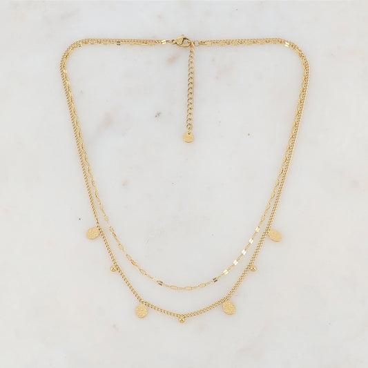 Collier doré double rangs avec pampilles ovales martelées 40/43+5 cm