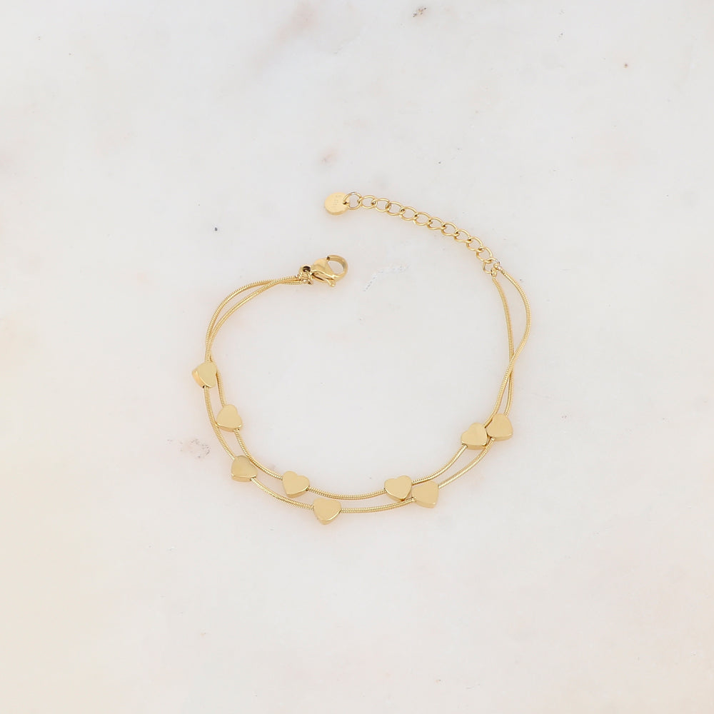 Bracelet double rangs avec pampilles cœurs lisses, effet miroir