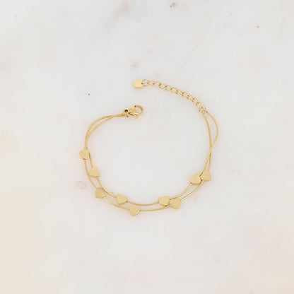 Bracelet double rangs avec pampilles cœurs lisses, effet miroir