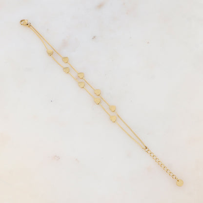 Bracelet double rangs avec pampilles cœurs lisses, effet miroir