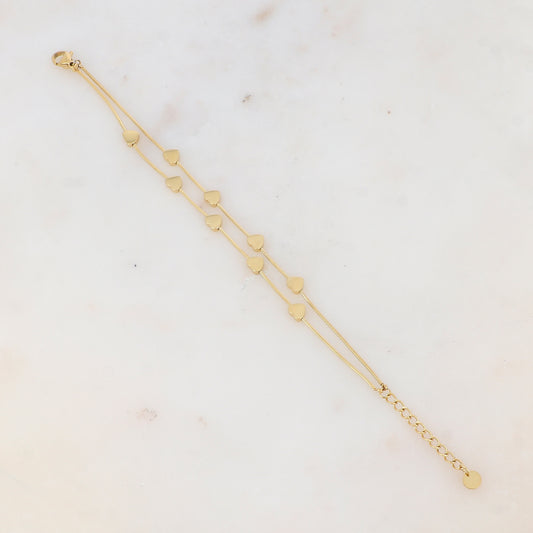 Bracelet double rangs avec pampilles cœurs lisses, effet miroir