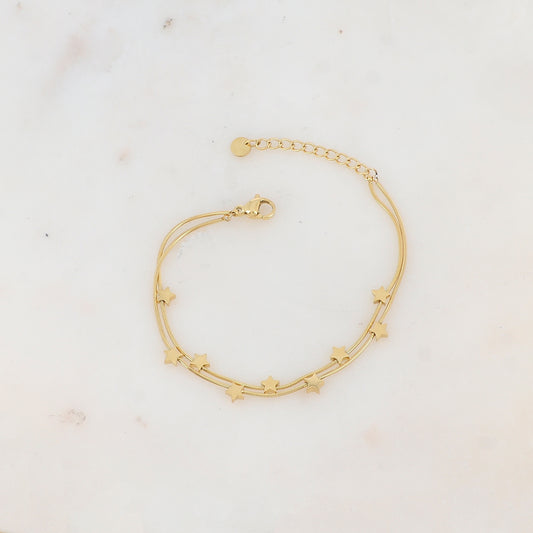 Bracelet double rangs avec pampilles étoiles lisses, effet miroir