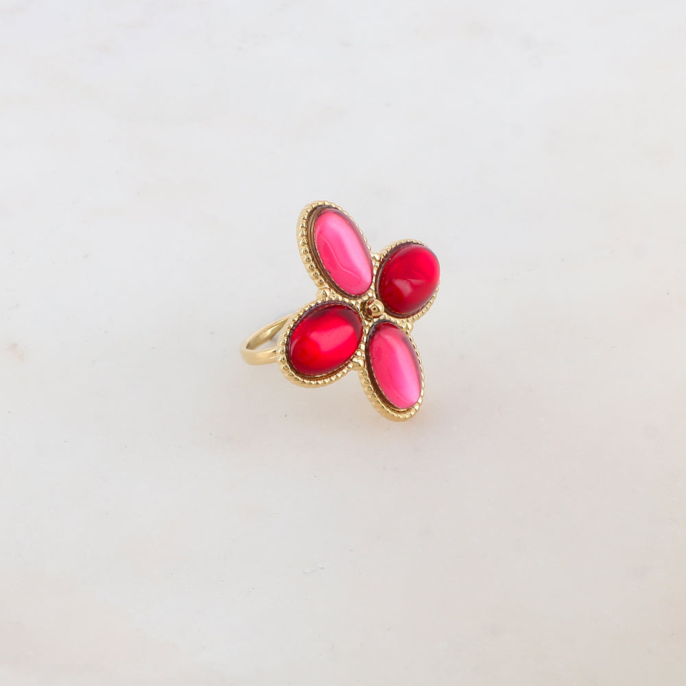 Bague fine réglable avec 4 pâtes de verres ovales - Rouge mix