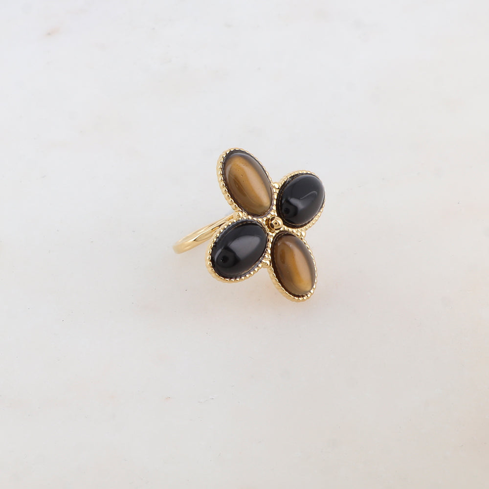 Bague fine réglable avec 4 pâtes de verres ovales - Noir mix