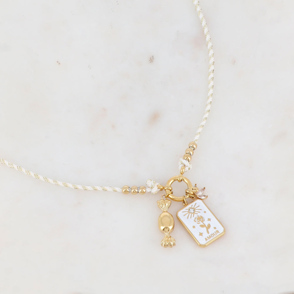 Collier sur cordon avec pendentif en émail avec motif fleur, bonbons et fleur strassé (51+5CM)