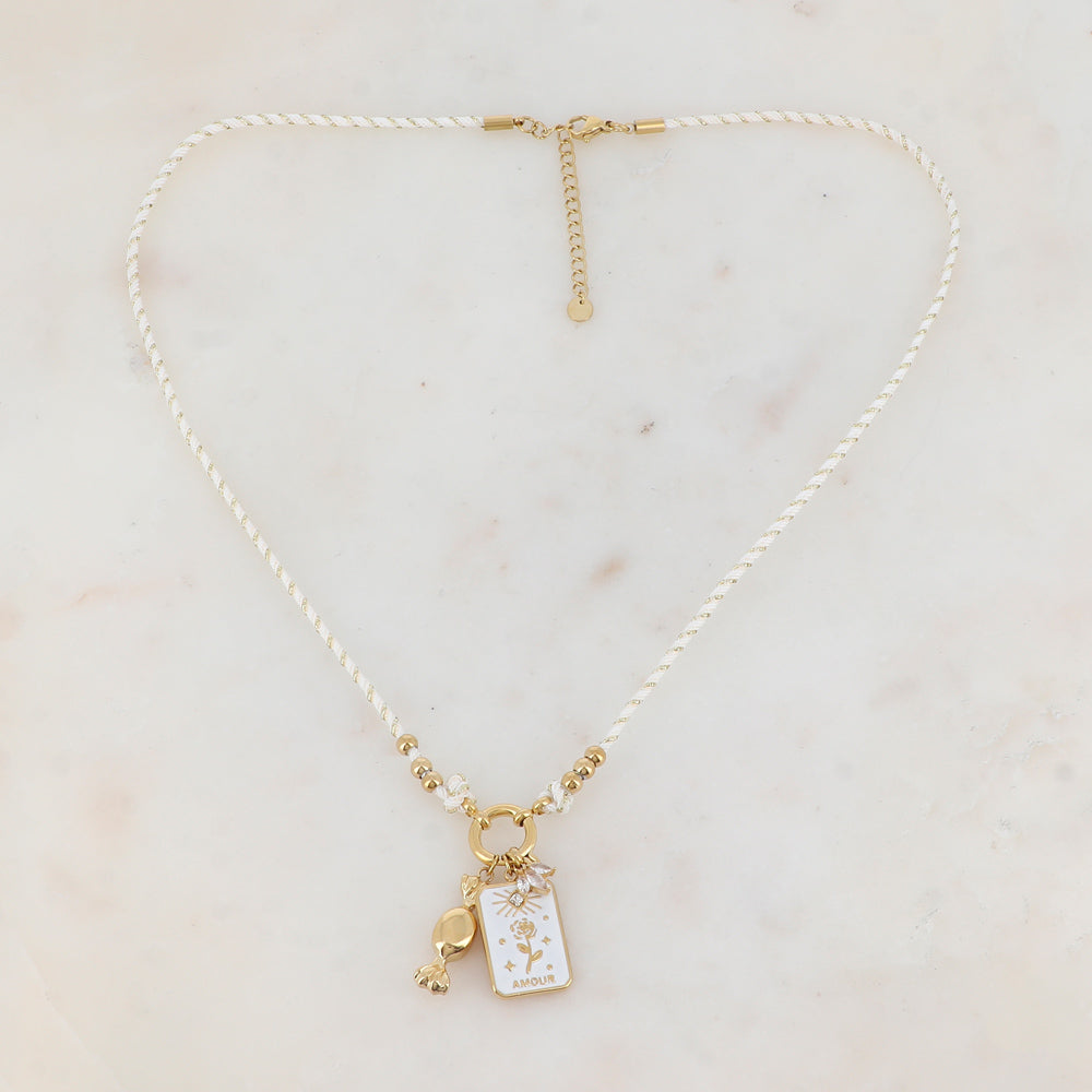 Collier sur cordon avec pendentif en émail avec motif fleur, bonbons et fleur strassé (51+5CM)