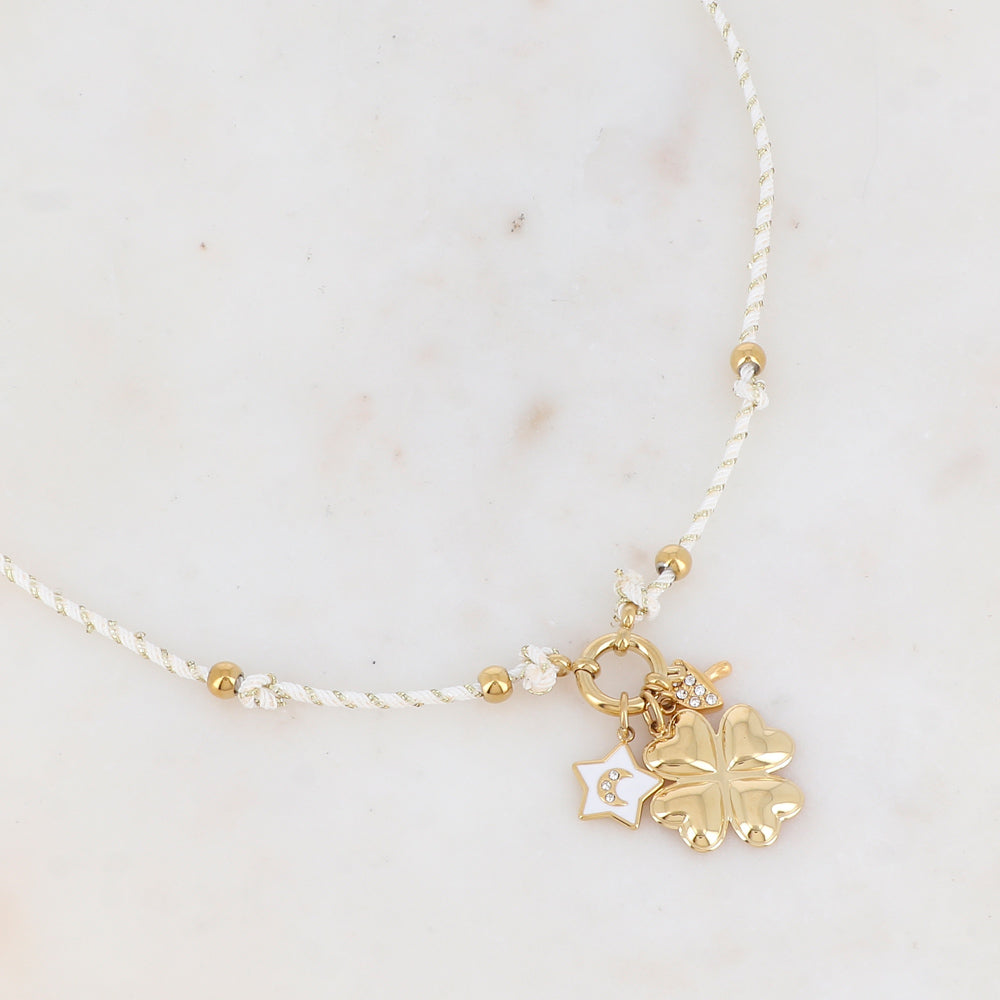 Collier sur cordon avec champignon strassé, étoile en émail avec motif lune strassé et fleur en acier (51+5CM)