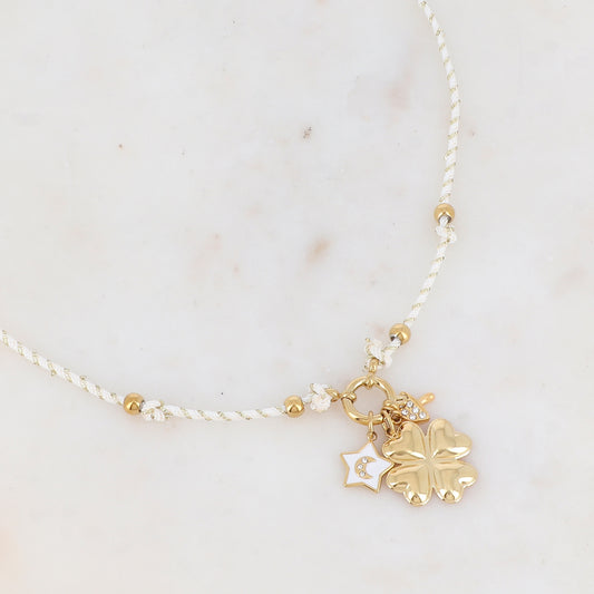 Collier sur cordon avec champignon strassé, étoile en émail avec motif lune strassé et fleur en acier (51+5CM)