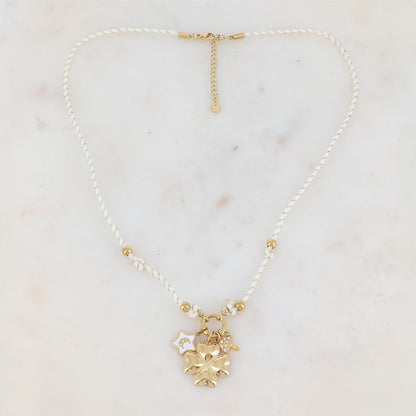 Collier sur cordon avec champignon strassé, étoile en émail avec motif lune strassé et fleur en acier (51+5CM)