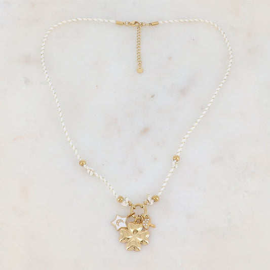 Collier sur cordon avec champignon strassé, étoile en émail avec motif lune strassé et fleur en acier (51+5CM)