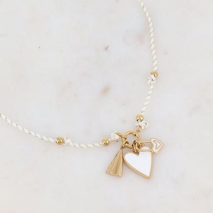 Collier sur cordon avec 2 cœurs en émail et 1 pendentif géométrique (51+5CM)