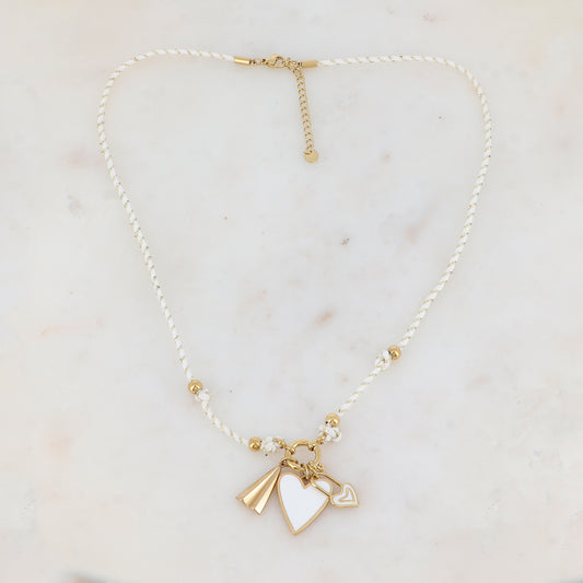 Collier sur cordon avec 2 cœurs en émail et 1 pendentif géométrique (51+5CM)
