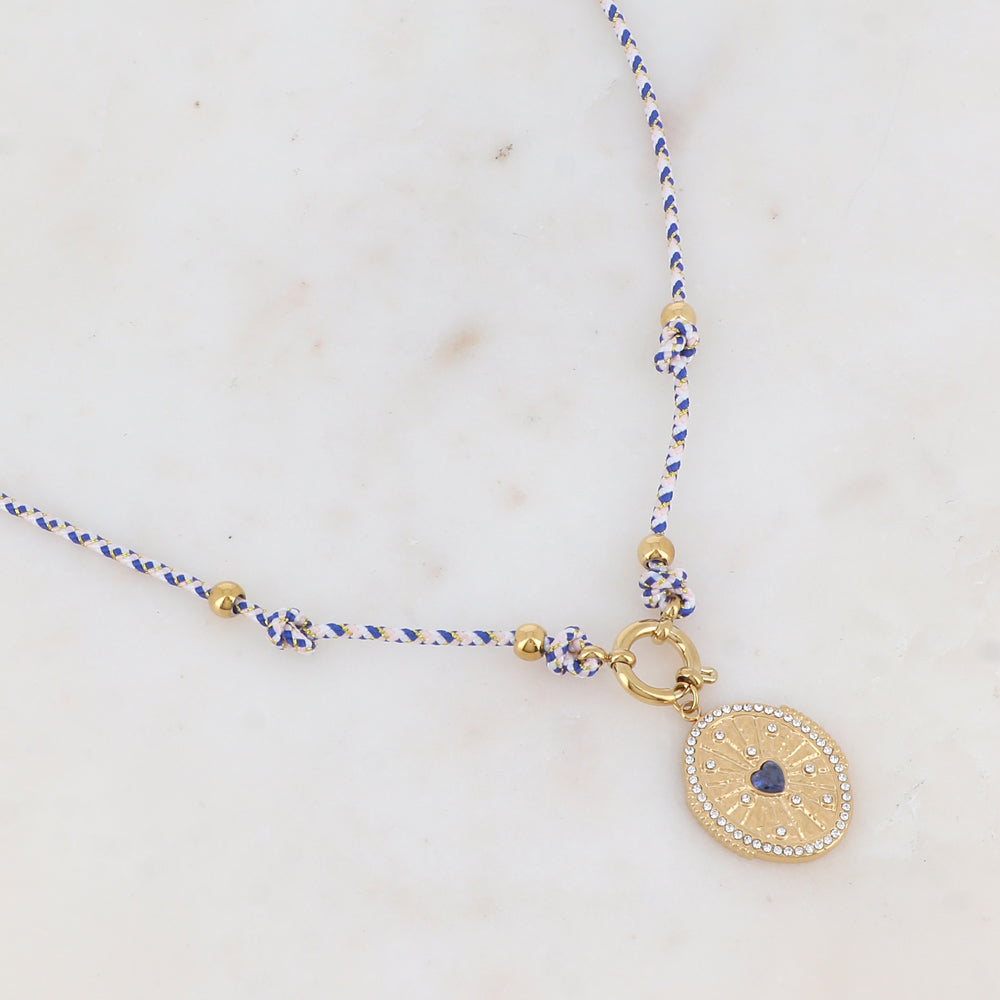 Collier sur cordon avec pendentif ovale strassé et cœur en oxyde de zirconium (51+5CM)