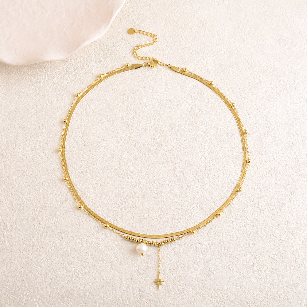 Collier double rangs avec boules en acier, étoile de Nord et perle d'eau douce (38/41+7CM)