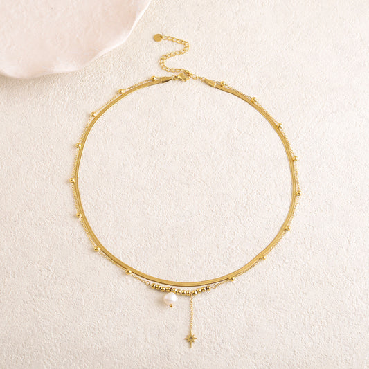 Collier double rangs avec boules en acier, étoile de Nord et perle d'eau douce (38/41+7CM)