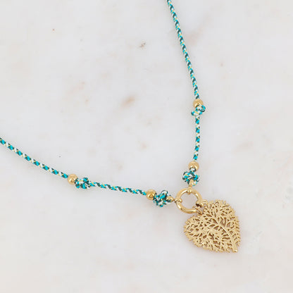 Collier sur cordon avec pendentif cœur ajouré de façon arbre de vie (51+5CM)