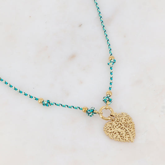 Collier sur cordon avec pendentif cœur ajouré de façon arbre de vie (51+5CM)