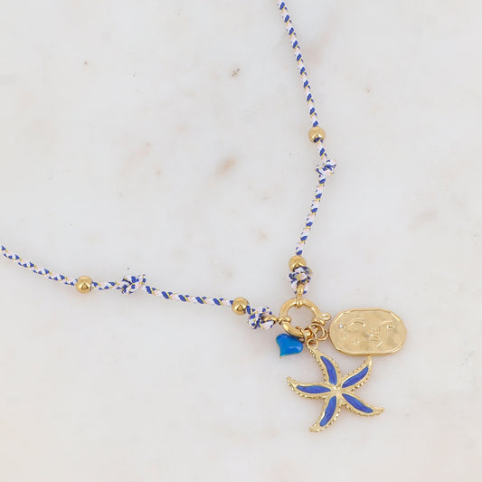 Collier sur cordon avec pendentif graphique strassé, étoile de mer et cœur en émail (51+5CM)