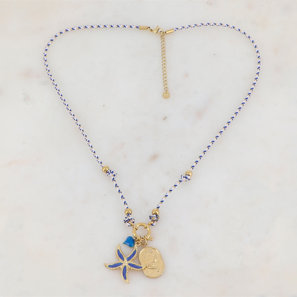 Collier sur cordon avec pendentif graphique strassé, étoile de mer et cœur en émail (51+5CM)