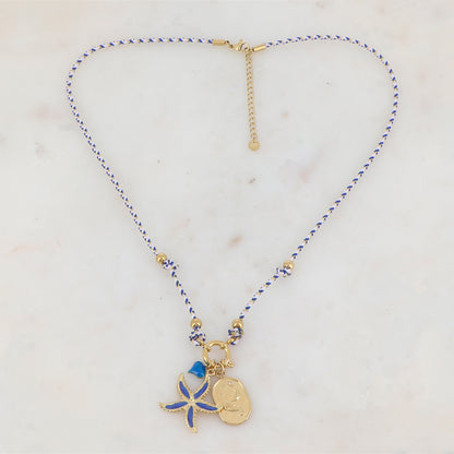 Collier sur cordon avec pendentif graphique strassé, étoile de mer et cœur en émail (51+5CM)