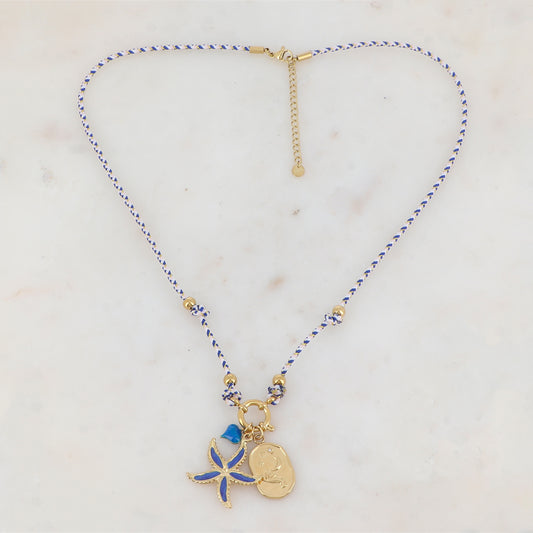 Collier sur cordon avec pendentif graphique strassé, étoile de mer et cœur en émail (51+5CM)