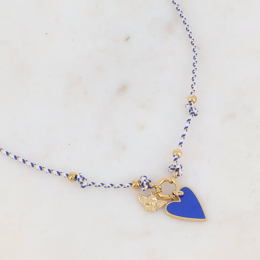 Collier sur cordon avec cœur en émail et pendentif forme ange (51+5CM)