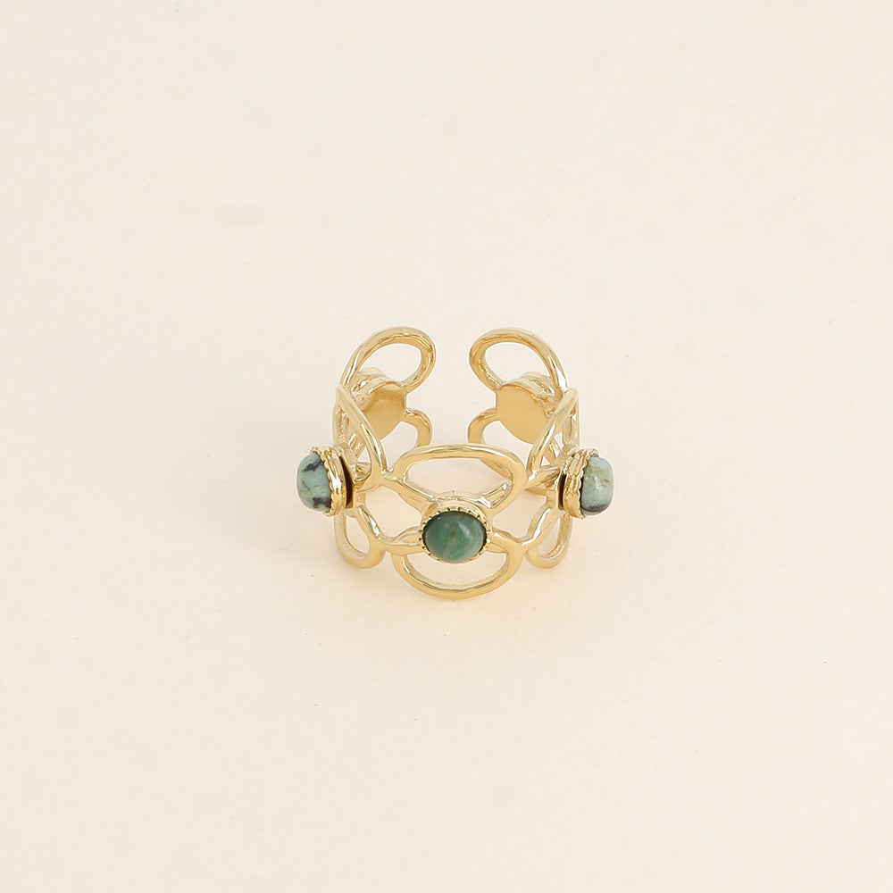 Bague - 5 motifs floraux ajourés et pierres naturelles turquoises africaines
