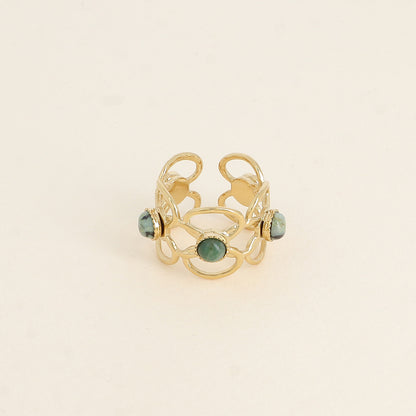 Bague - 5 motifs floraux ajourés et pierres naturelles turquoises africaines