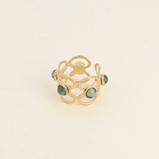 Bague - 5 motifs floraux ajourés et pierres naturelles turquoises africaines