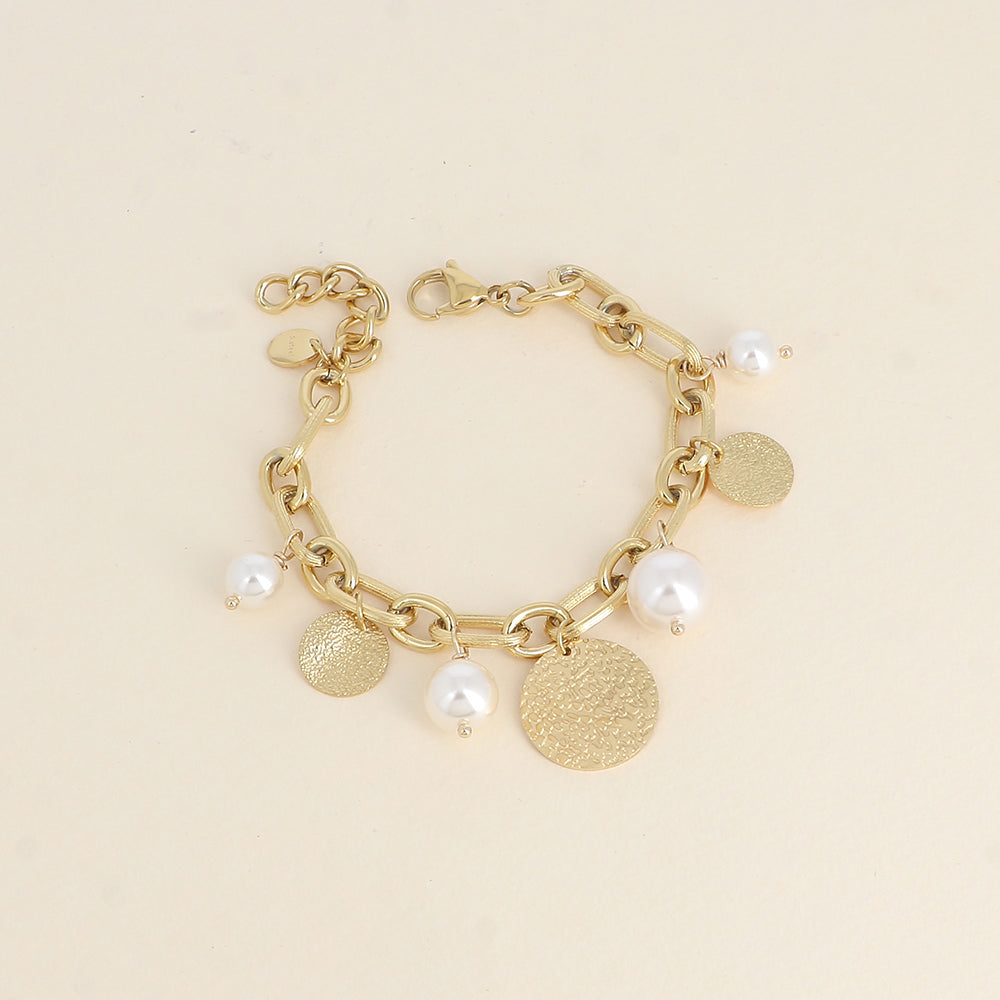 Bracelet - perles en résine blanches et pampilles rondes texturées (17,5+5 cm)