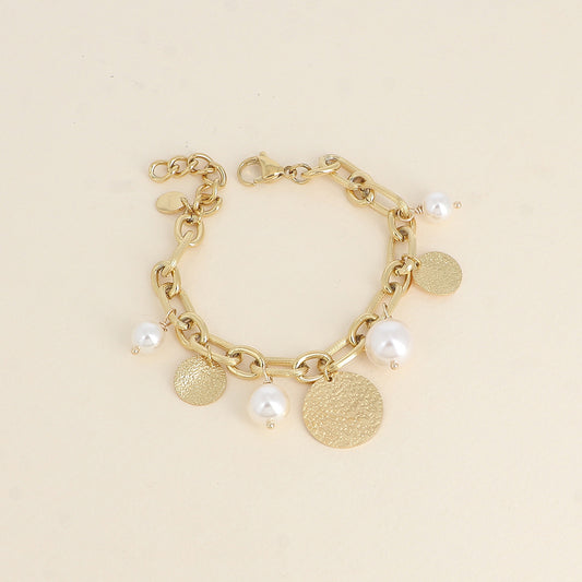 Bracelet - perles en résine blanches et pampilles rondes texturées (17,5+5 cm)